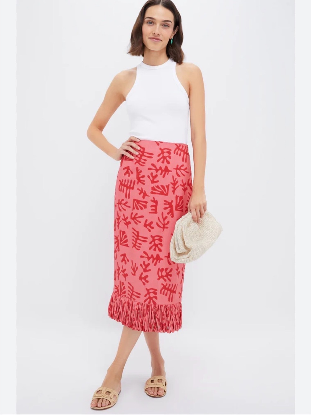 Tuckernuck Women’s Coral Print Fringe Midi Skirt Small